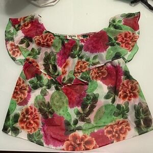 Show Me Your Mumu Pink and‎ green floral blouse with ruffles